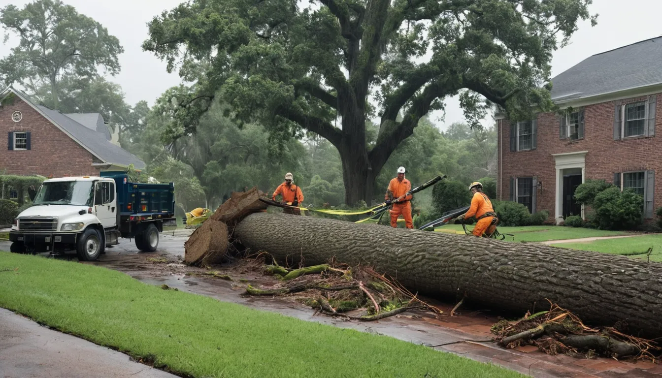 Local tree provider safely cutting a storm-fallen tree near a house in Nashville