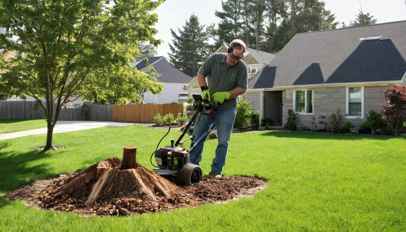 Provider grinding a tree stump in a Nashville backyard while a homeowner watches from a safe distance