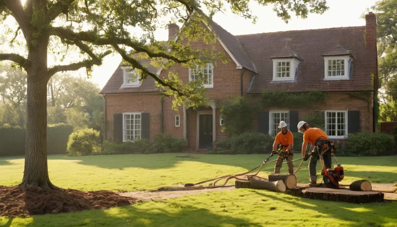Tree removal provider cutting a large tree in sections beside a house in Nashville